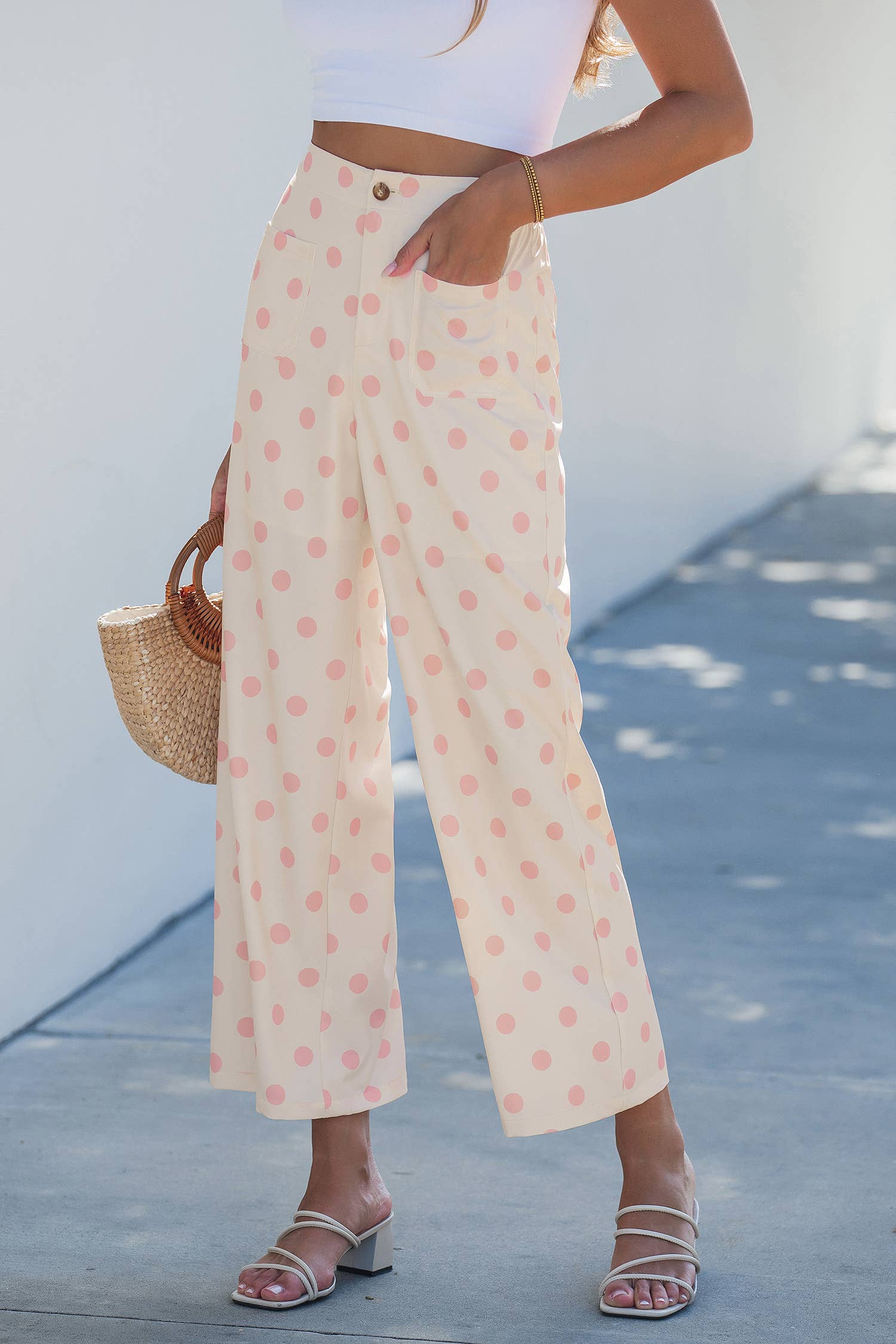 Polka Dot Print Patched Pocket Loose Pants S-XL