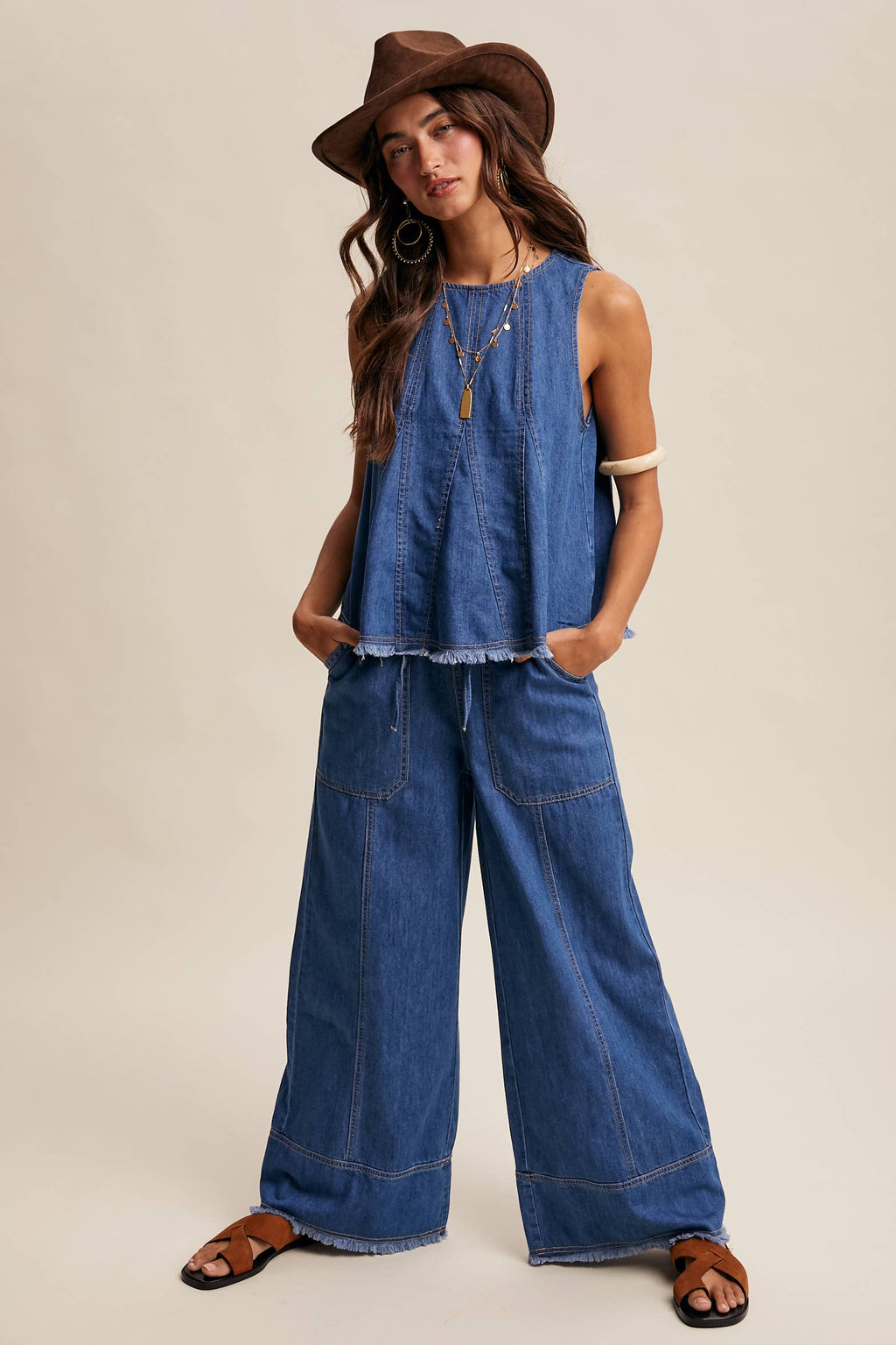 Washed Denim Tank & Wide-Leg Pants Set LSET170
