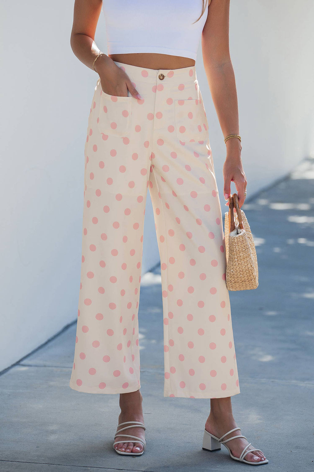 Polka Dot Print Patched Pocket Loose Pants S-XL