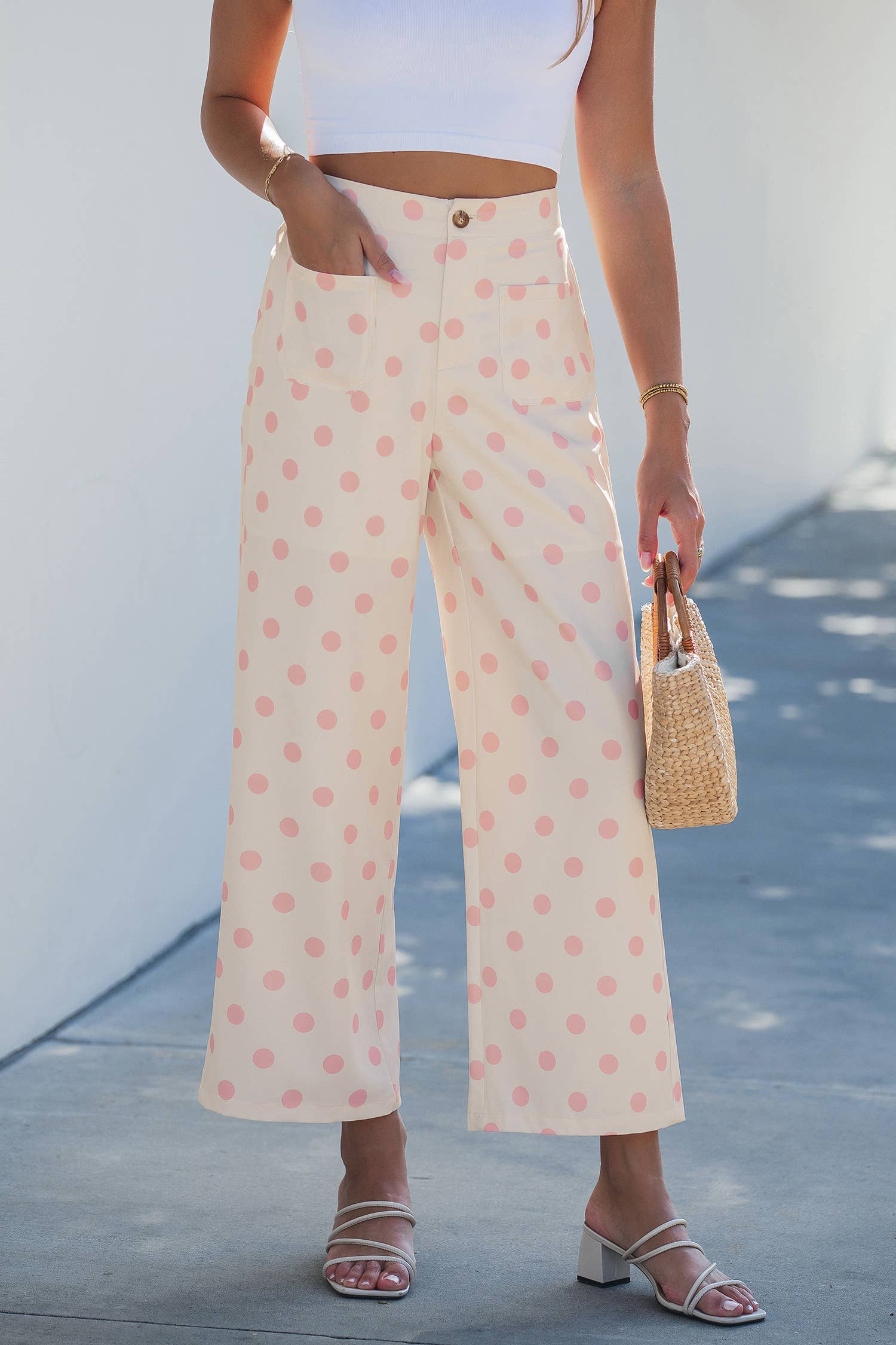 Polka Dot Print Patched Pocket Loose Pants S-XL